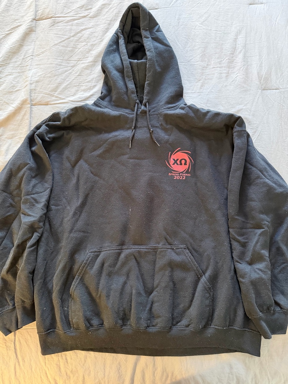 Gildan Chi Omega Black Crewneck Hoodie with Red Chest Logo